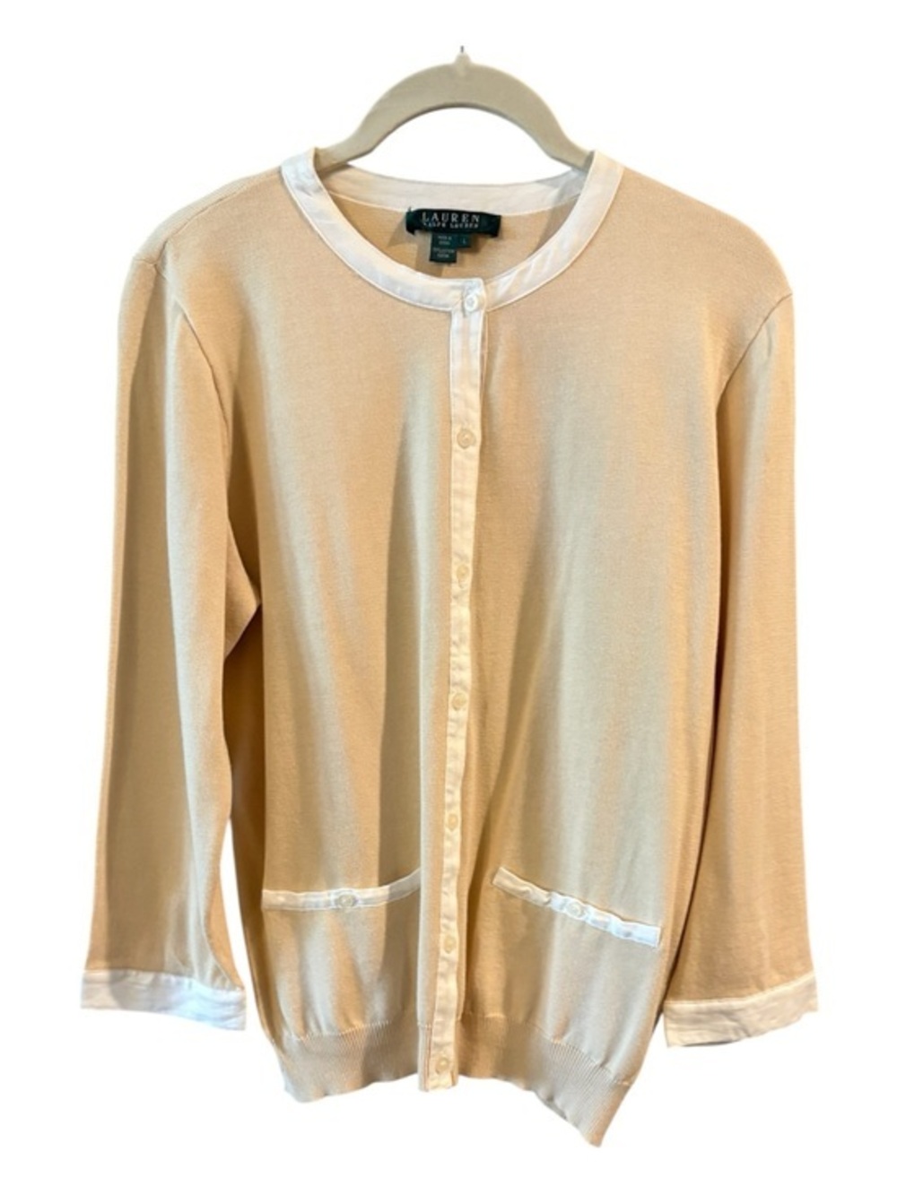 Lauren Ralph Lauren Cream & White Quiet Luxury Satin Trim Cardigan Large